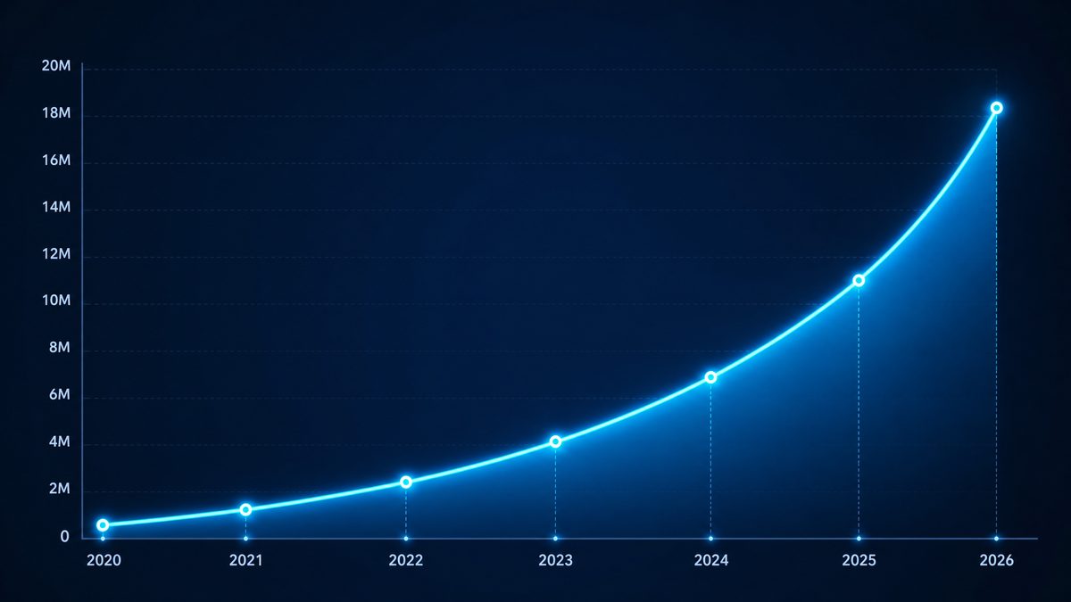 黄色视频用户增长数据图表,展示2020-2026年注册用户从50万增长至1800万的趋势